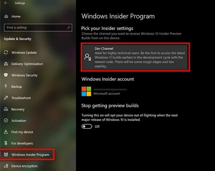 Kiểm tra lại xem đã đăng ký Windows Insider Program thành công chưa