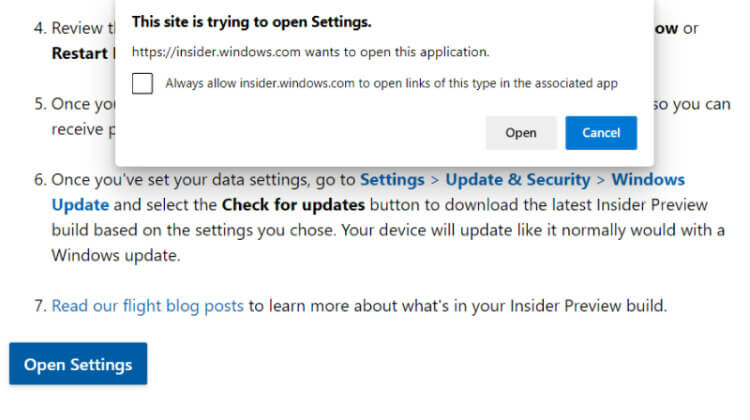 Mở cửa sổ Settings sau khi đăng ký Meet the Windows Insider Program