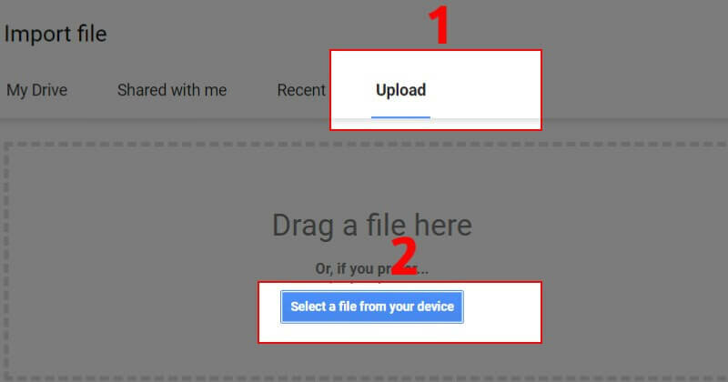 Nhấn Tải lên (Upload) và Chọn tệp từ thiết bị (Select a file from your device)
