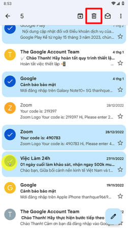 Cách xóa nhiều thư trong ứng dụng gmail