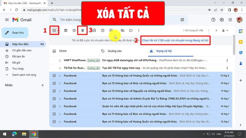 Cách xóa tất cả thư trong Gmail trên máy tính