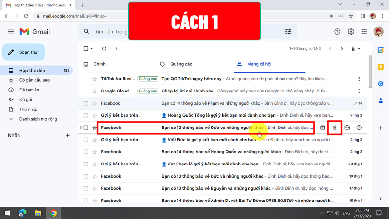 Cách xóa thư trong gmail trên máy tính