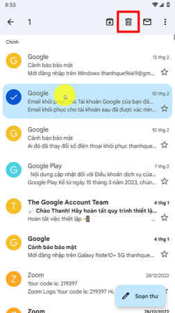 Cách xóa thư trong ứng dụng gmail