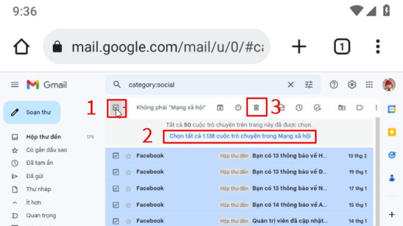 Hướng dẫn xóa tất cả thư trong gmail trên trình duyệt